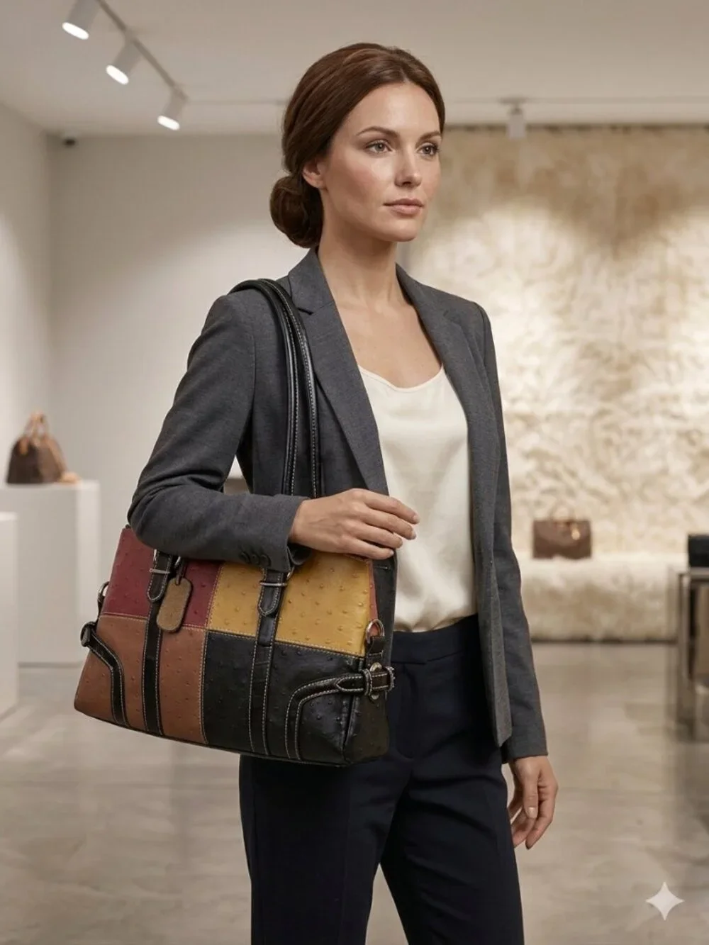 Coco USA Patchwork Ostrich‑Texture Tote – Mustard/Black/Brown/Tan